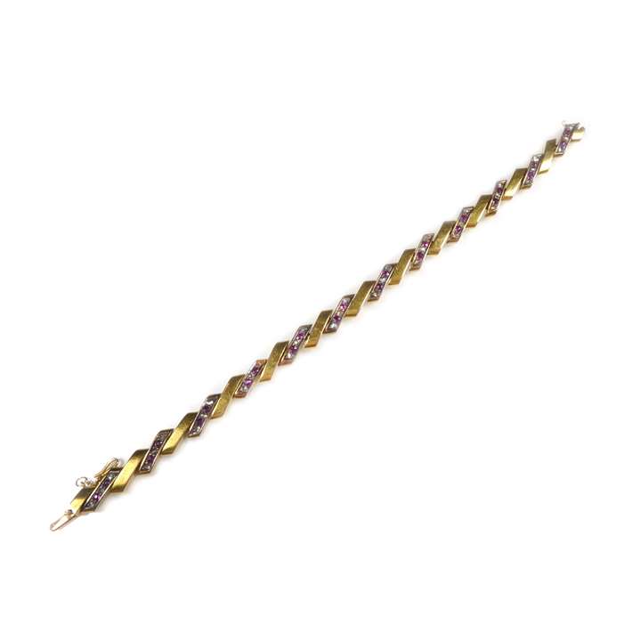 Gold, ruby and diamond diagonal bar link bracelet